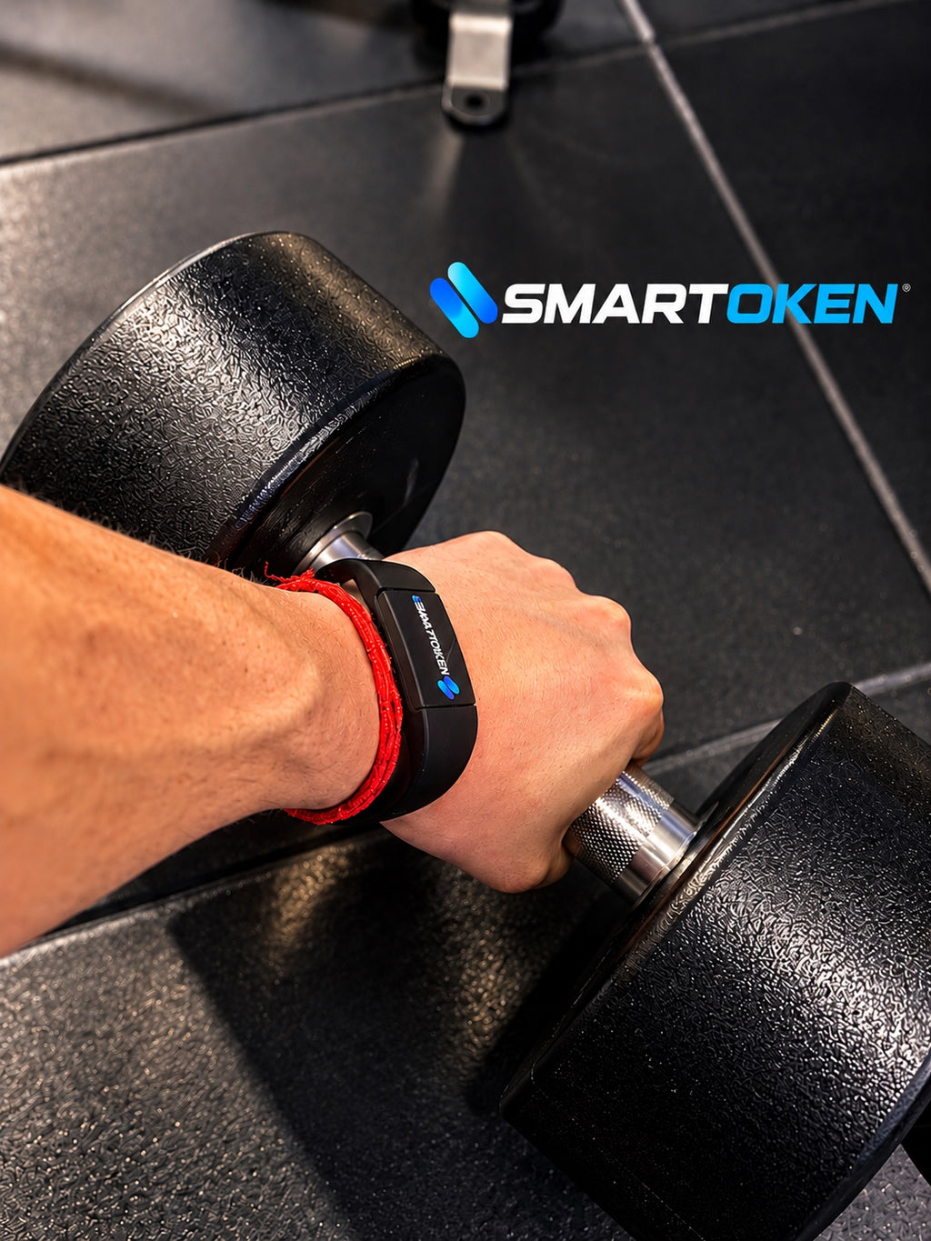 Pulsera NFC Smartoken negra en uso en el gimnasio