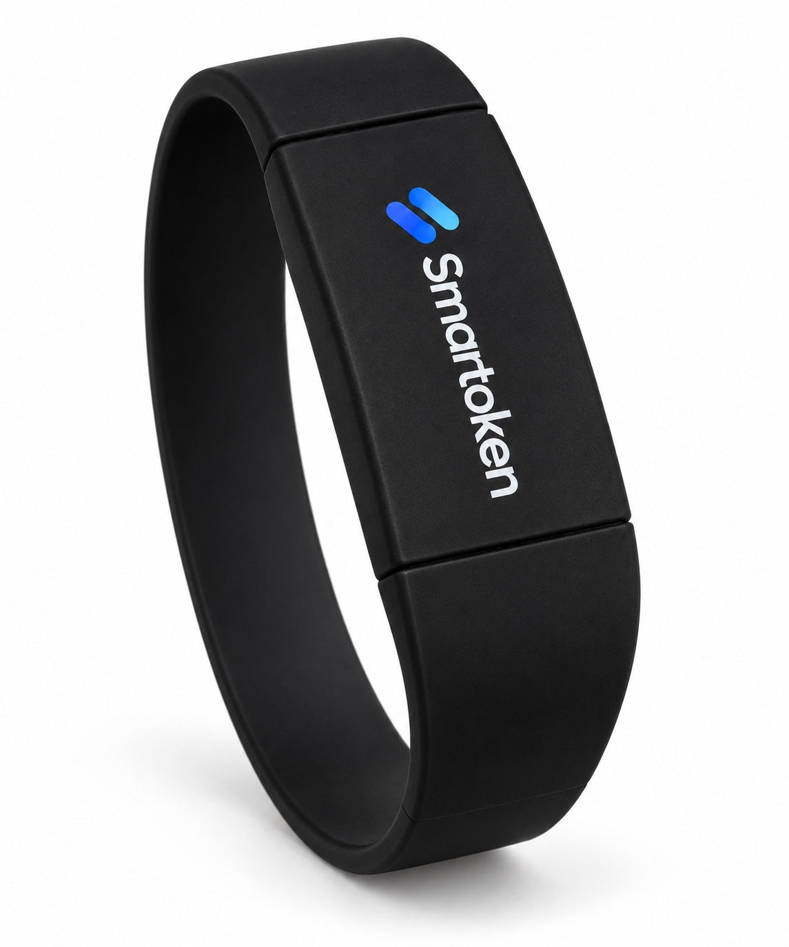 Pulsera NFC Smartoken negra sobre fondo blanco