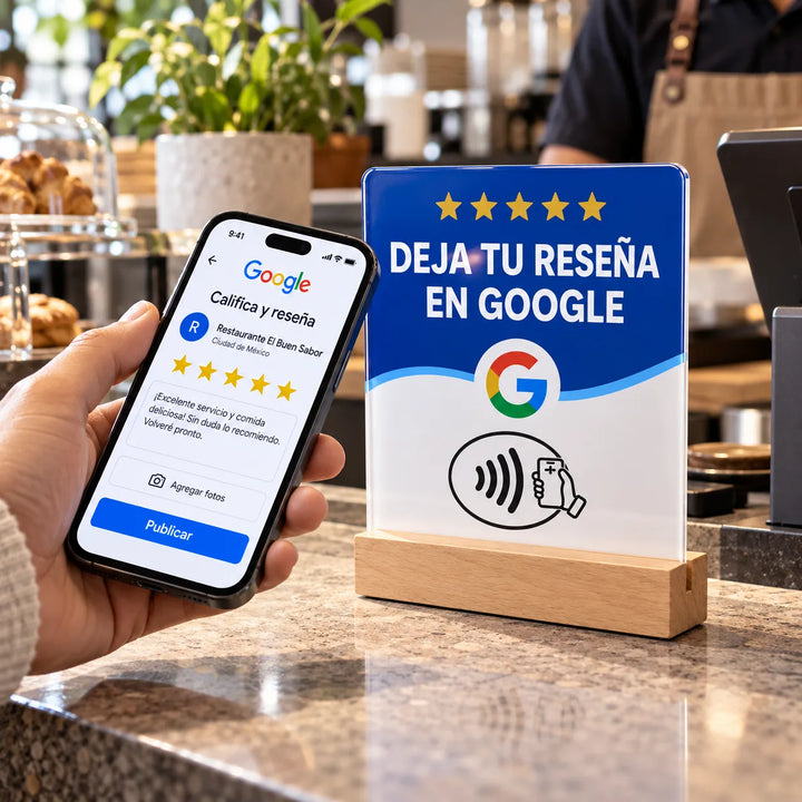 Cartel NFC para Reseñas de Google con Base de Madera