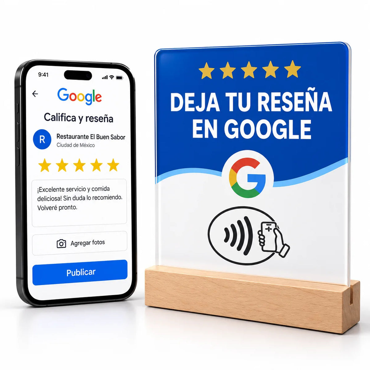 Cartel NFC para Reseñas de Google con Base de Madera · 5
