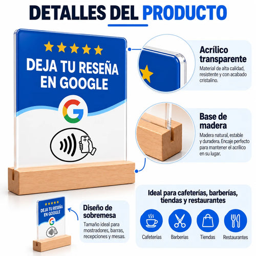 Cartel NFC para Reseñas de Google con Base de Madera · 2