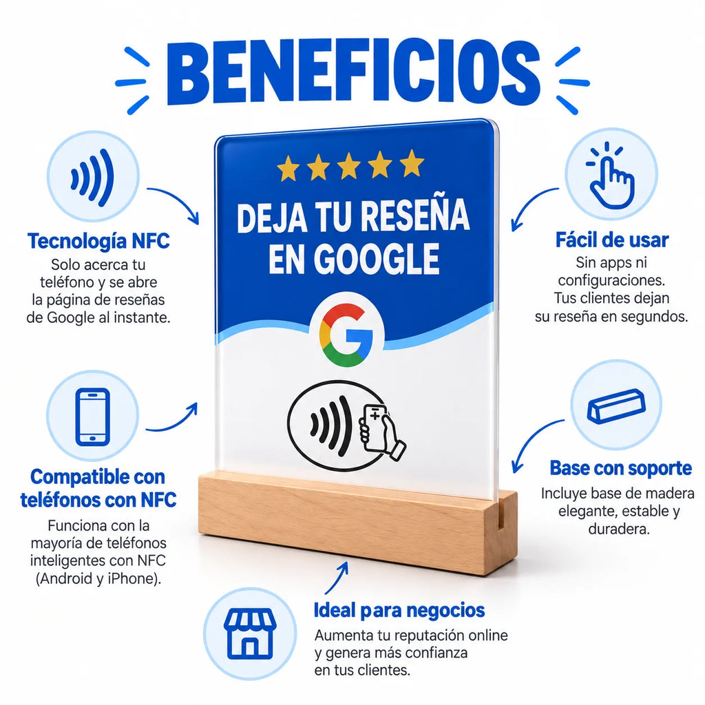 Cartel NFC para Reseñas de Google con Base de Madera · 3