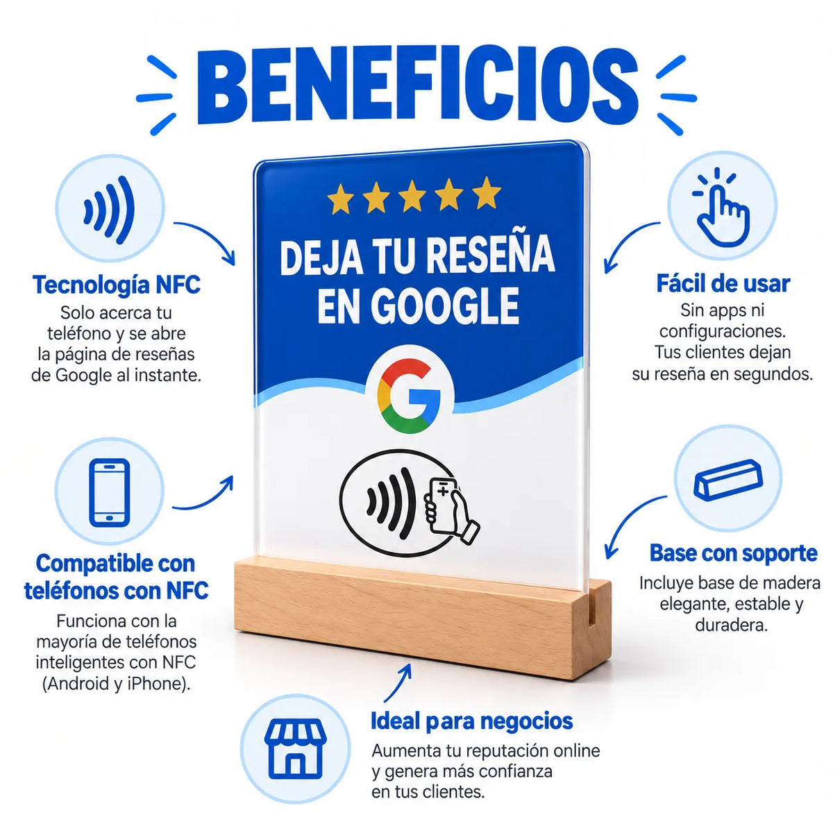 Cartel NFC para Reseñas de Google con Base de Madera · 3